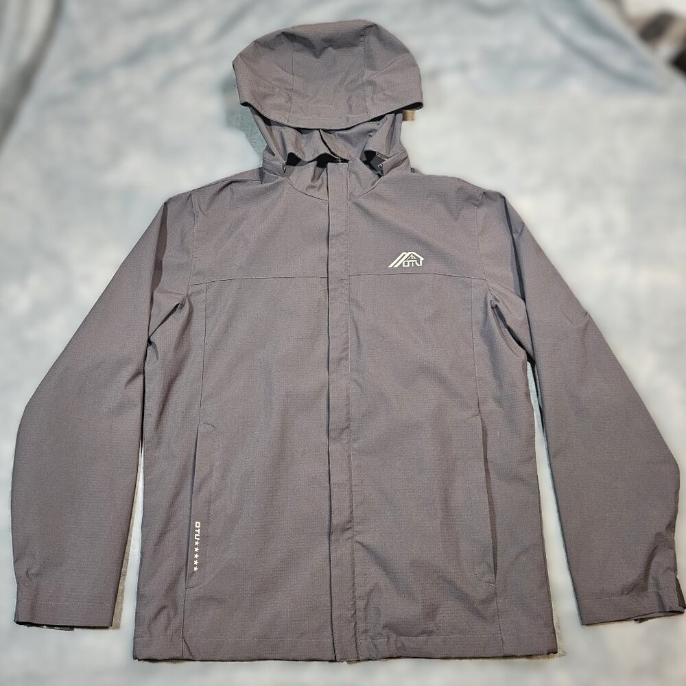 OTU Waterproof Jacket Men's M Gray Removeable Hood Hiking Full Zip Ripstop Shell